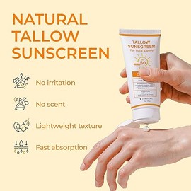 Beef Tallow Sunscreen SPF 50 with Mineral : Instant Sun Protection Non Nano Zinc Oxide Sunblock- Non Greasy Formula- Beach Jogging Outdoor Sports - 3 Fl oz, 85g  미네랄 성분이 함유된 소고기 지방 선크림 SPF 50: 즉각적인 자외선 차단, 나노 입자가 없는 산화아연 함유, 번들거림 없는 제형, 해변, 조깅, 야외 스포츠용 - 85g