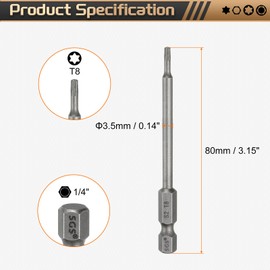 HARFINGTON T8 Torx Head Screwdriver Bit 1/4" Hex Shank 3.15" (80mm) Long Magnetic No Hole Tip Tamper Proof 6 Point Star Screw Driver Drill Bits S2 Steel Industrial Power Screwdrivers
