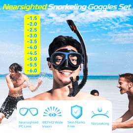 Nearsighted Snorkel Gear, Nearsighted Snorkel Mask Nearsighted Snorkel Set for Adult Youth, Shortsighted Diving Mask & Dry Top Snorkel with Detachable Camera Mount for Scuba Diving, Snorkeling