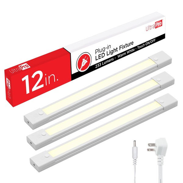 UltraPro 12in. Touch On/Off Plug-in LED Fixture, 3 Pack, Warm White, Bar, Under Cabinet, Kitchen, Closet Light, 44406