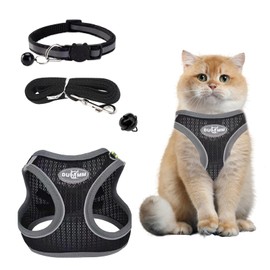 Cat Harness and Lead Set,Reflective Soft Mesh Puppy Harness,Breathable Adjustable Cat Lead and Harness Set,with Leash Cat Collar for Outdoor Walking Escape Proof, Comfort Fit,Easy Control (Black,S)