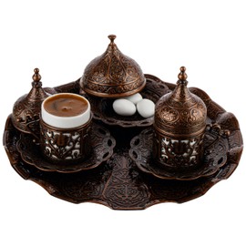 DEMMEX 2024 Turkish Greek Arabic Coffee Serving Set with Cups, Saucers, Cup Holders, Lids, Sugar Bowl & Lid and Tray, 11 Pcs (Antique), Medium