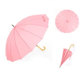 ThreeH Bamboo Stick Umbrella Auto Open Solid Color Fashionable and Simple 190T 16 Ribs,KS08 Pink
