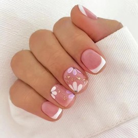 French Tip Press on Nails Short Petite Fake Nails Square Matte False Nails with Flower Designs Acrylic Nails Cute Extra Short Pink Glue on Nails Reusable Artificial Stick on Nails for Women Girls
