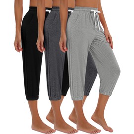 Ficerd 3 Pcs Women's Capri Sweatpants Joggers Casual Sports Cropped Lounge Pants High Waisted Athletic with Pockets (Black, Dark Grey, Light Grey,Large)