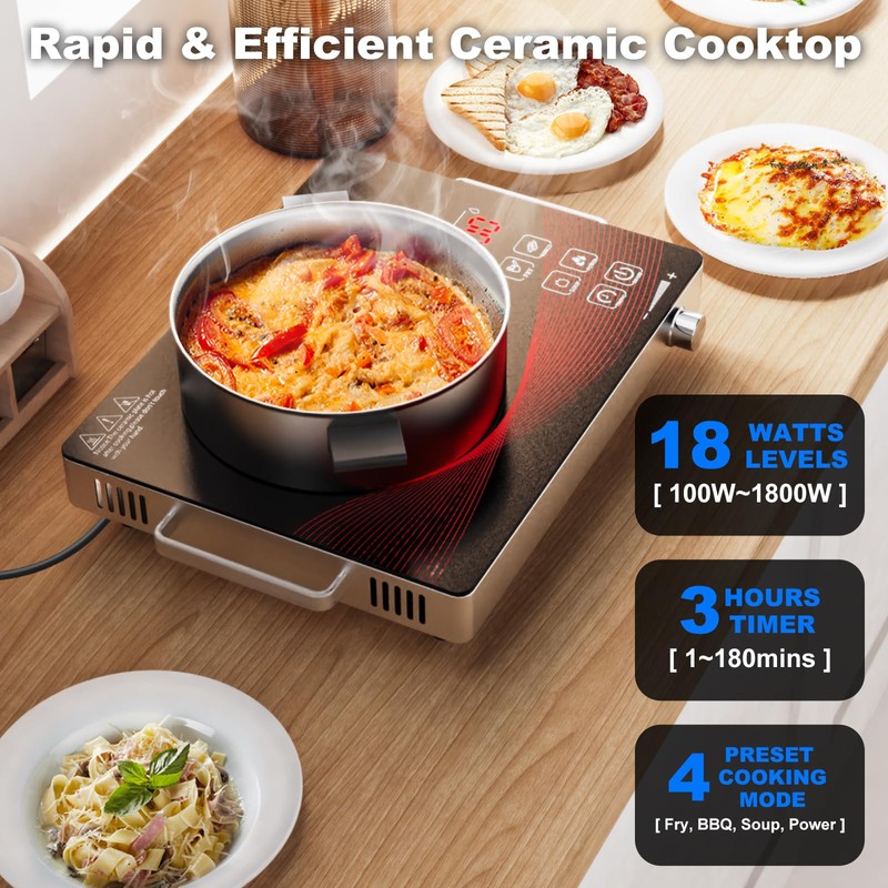 1800W Portable Infrared Cooktop Single Burner Electric Stove Ceramic Glass