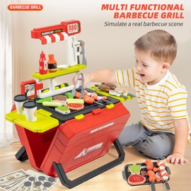 HUAJUN Barbecue Grill Toy Set with Checkout Panel,BBQ Kids Kitchen Playset 51 Piece,Toy Kitchen Sets Storage Suitcase,Play Kitchen Accessories for Kids 3+,Red