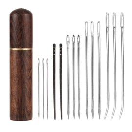 15pcs Leather Sewing Needles Kit, Large Eye Hand Stitching Needle Steel Bent Tapestry Needle Heavy Duty Leather Lacing Needle with Wooden Case for DIY Craft Sofa Bag Repair Projects