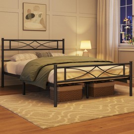 Topeakmart Metal Bed Frame with Curved Design Headboard and Footboard,13 Inches Underbed Storage, 12 Built-in Steel Slats, No Box Spring Needed, Full, Black