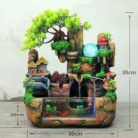 Waterfall Fountain Tabletop Rockery Fountain Indoor with Aquariums, Plant, Atomizing Humidifier, Colorful LED Light Decorations for Bedroom 110V