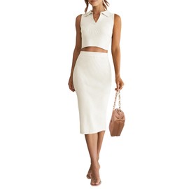 HAEOF Women's 2 Piece Summer Outfits 2024 Ribbed Knit Sleeveless Casual Crop Tops Bodycon Skirt Set Midi Dress(White, S)