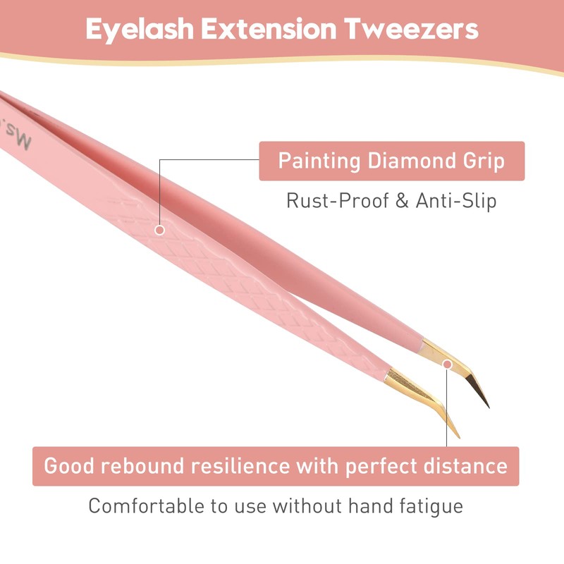 Ms.Queen Tweezers for Lash Extensions,Diamond Grip 3Pcs Fiber Tip 45