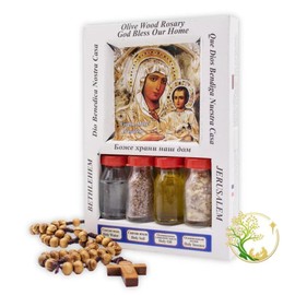 Holy Water | Olive Oil | Holy Land Soil & Frankincense from Bethlehem | Comes with Olive Wood Rosary | Religious Gift