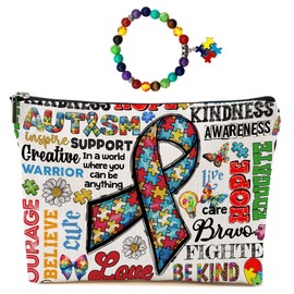 Autism Puzzle Ribbon Makeup Bag for Women Teacher Mom, Large Capacity Makeup Pouch Travel Organizer Toiletry Cosmetic Bag, Autistic Puzzle Elastic Natural Stone Beaded Bracelet, Gifts for Women 1