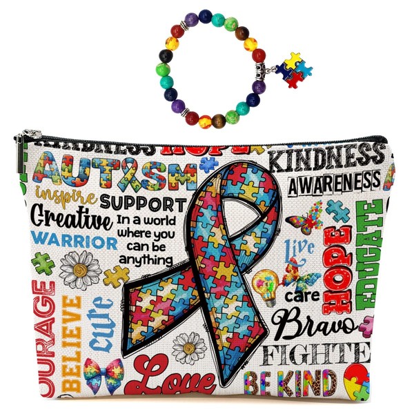 Autism Puzzle Ribbon Makeup Bag for Women Teacher Mom, Large