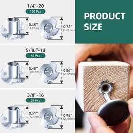 EASTPUK 180-Pack 1/4"-20 5/16"-18 3/8"-16 T-Nuts Assortment Kit Zinc Plated Steel, 4-Pronged Tee Nut for Wood, Rock Climbing Holds T Nuts Set Nutserts for Wood Furniture