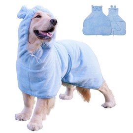 Fnaobai Pet Bathrobe for Dog Cat Absorbently Quick Drying Coat Cute Dogs Bath Towel Hooded Robe Adjustable Collar & Belly Strap for Pool Beach (Blue, M)