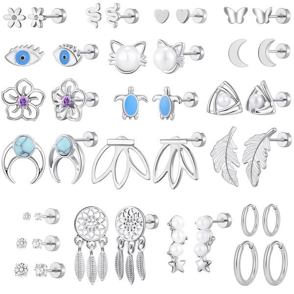 20 Pairs Flat Back Earrings & Hoop Set for Women