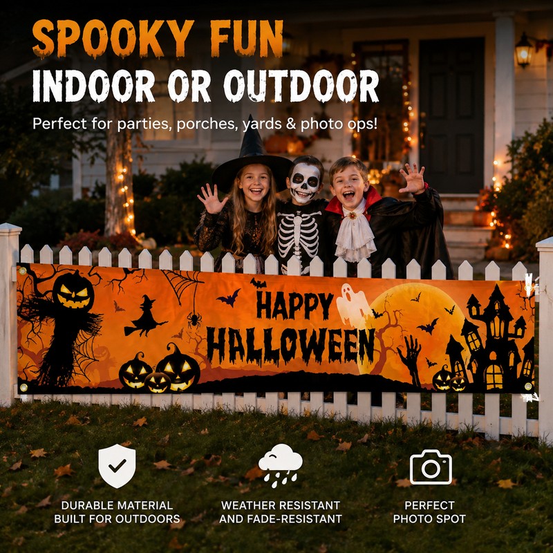 Happy Halloween Outdoor Banner – Pumpkin & Bat Polyester Backdrop