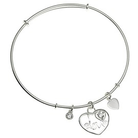 Sterling Silver Cubic Zirconia Love Heart Dangle Charm Bangle Bracelet, Adjustable 7"-7.5"