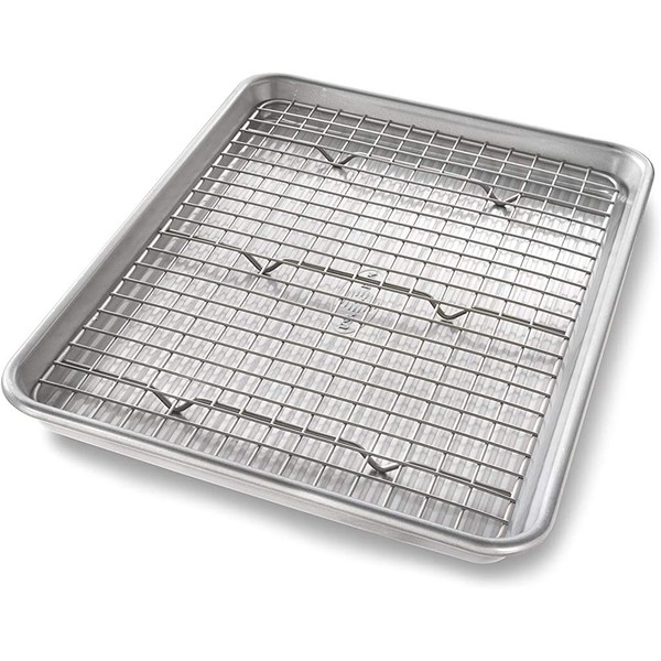 USA Pan Bakeware Quarter Sheet Baking Pan and Bakeable Nonstick Cooling Rack Set, Metal