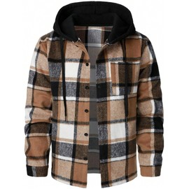 ZAFUL Men's Hooded Flannel Shirts Long Sleeve Casual Fashion Button Shirts Loose Drawstring Shacket Brown Plaid XL