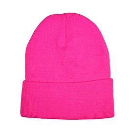 NYFASHION101 Unisex Plain Blank Long Knitted Cuff Beanie Cap, Neon Pink