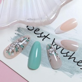 White French Tip Press on Nails Green Almond Fake Nails Medium False Nails White Flower Full Cover Acrylic Nails Glossy Stick on Nails for Women Girls St. Patrick's Day Nail Art Decorations 24PCS