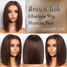 EAGERA Brown Wear and Go Glueless Wigs Human Hair Pre Plucked Pre Cut 12 Inch 9x6 Chocolate Brown Glueless Bob HD Lace Closure Wig Bleached Knots Short Brown Straight Wig 180% Density for Women