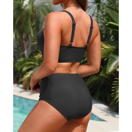High Waisted Two Piece Swimsuit-Womens Bikini Set Tummy Control Bathing Suit Modest Full Coverage Bikini 2025 Black S