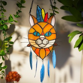 BOXCASA Orange Cat Decor Stained Glass Window Hangings,Cat Suncatcher for Window Indian Feathers Decoration,Funny Cat Decor Gifts for Cat Lovers,Cat Themed Gifts for Women