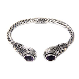 NOVICA Artisan Handcrafted Gold Accent Amethyst Cuff Bracelet Bali Hinged Silver with Amethysts Sterling Purple Indonesia Birthstone [6.25 in L (end to End) x 0.5 in W] ' Empress of Gelgel'