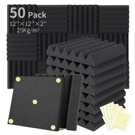 Focusound 50 Packs Acoustic Foam Panels Wedge 2" X 12" X 12", Soundproofing Foam Noise Cancelling Foam with 300 PCS Double-Side adhesive