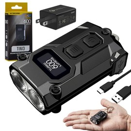 Nitecore TINI3 MCT Black - 3AMP Wall Adapter TINI3 MCT Intelligent Multiple Color Temperatures Keychain Light Black -600 Lumens w/ 3Amp Wall Adapter and Eco-Sensa USB-C Charging Cable