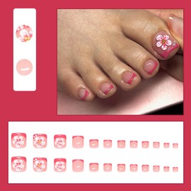 24 Pcs Red French Press On Toenails YEFIUO Cute Nude Pink Acrylic Fake Toe Nails Press ons Nail Art with Lily Pearl Design Full Cover Glossy False Nails Glue on Toe Nails Stick on Nails for Ma'am