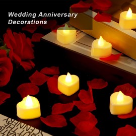 2000 Pcs Red Artificial Rose Petals with 24 Pcs Heart Shape Flameless Led Candles,Rose Petals and Candles Set,Romantic Decorations Special Night,Valentines Day Wedding Anniversary Decorations(White)