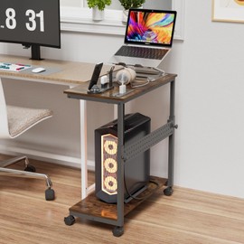 NEYCIL Computer Tower Stand with Charging Station, Height Adjustable 2-Tier CPU Stand with Power Strip and USB Ports, PC Tower Cart with Wheels and Printer Shelf, Rustic Brown and Black