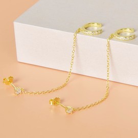 Lansora Double Piercing Earrings Silver Gold Cz Cubic Zirconia Stone Chain Link Dangle Stud Earrings, Cubic Zirconia, Cubic Zirconia