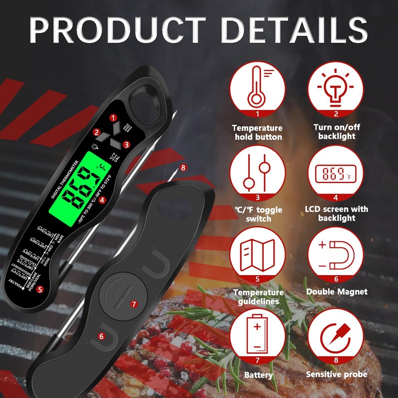 Cooking Thermometer,IP67 Waterproof Digital Meat Thermometer with Backlight, Calibration &