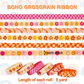 Whaline 6 Rolls Retro Groovy Ribbon 30 Yards 0.4 Inch Boho Daisy Checkered Face Grosgrain Ribbon Vintage Boho Fabric Craft Ribbon for Wreath Bow Making Gift Wrapping Decor DIY Crafts