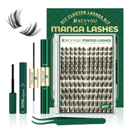 KEYYOU Manga Lash Clusters Kit 8-18mm Eyelash Clusters Kit DIY Lash Extension Kit Natural Fairy Cluster Lashes with Lash Bond Seal Remover Applicator Soft Thin Band(MG02)