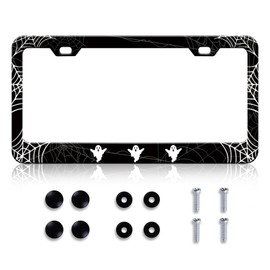 HCSS Ghosts Spiders Web License Plate Frame Universal Aluminum Metal Car Plate Frame Holder for Women Men 2 Holes Rust-Proof Waterproof Car Decorative Tag Frames for Standard US 12x6 Inch
