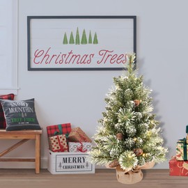 2FT Pre-lit Mini Christmas Tree with Warm LED Lights, Frosted Fir Branches, Pinecones, Battery-Operated with Timer, Burlap Base – Ideal for Tabletop, Apartments, and Compact Spaces