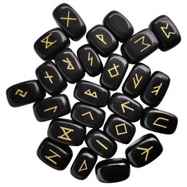 Lovionus89 Natural Rune Stones Set, Polished Engraved Elder Futhark Alphabet Magic Lettering Crystal for Meditation Divination Healing Chakra,Black Obsidian