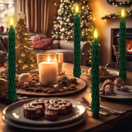 Funtery 6 Pcs LED Christmas Tree Flameless Taper Candles, 9.7 Inch Real Wax Battery Operated Candlestick Lights with 3D Flame and Remote Timer for Windows Fireplace(Green,Slim Christmas Tree)