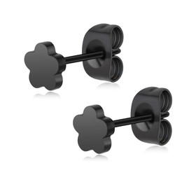 FACOKO Women Earring, Flat Titanium Earring, Non-Nickel Earrings for Sensitive Ears, Flower Stud Earring, Sleeper & Nap Earring, 5mm Earrings Stud (Flower-Black)
