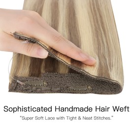 HOTBANANA Wire Hair Extensions, 20 inch 110g Ash Brown Highlighted Golden Blonde Fish Line Hair Extensions Real Human Hair Straight Invisible Wire Hair Extensions Remy Hair Extensions