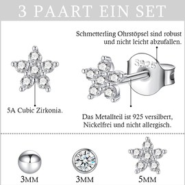 RoseJeopal 3 Pairs Stainless Steel Flat Back Stud Earrings Set Women, White Cubic Zirconia Small Surgical Steel Stud Earrings, Hypoallergenic Cartilage Medical Earrings for Women Girls, Sterling