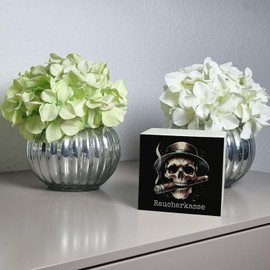Smoker cash with skull money box made of wood, skull money box, made of wood, cigar smoking motif, skeleton bone design, smoking gadget