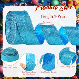 Mindsoft Wired Ribbon Two-Tone Glitter Crinkled Ribbon with Metallic Edge for Gift Wrapping Bow Making Wreaths Garland Wedding Decorations(Blue,2 Inch x 20 Yards)